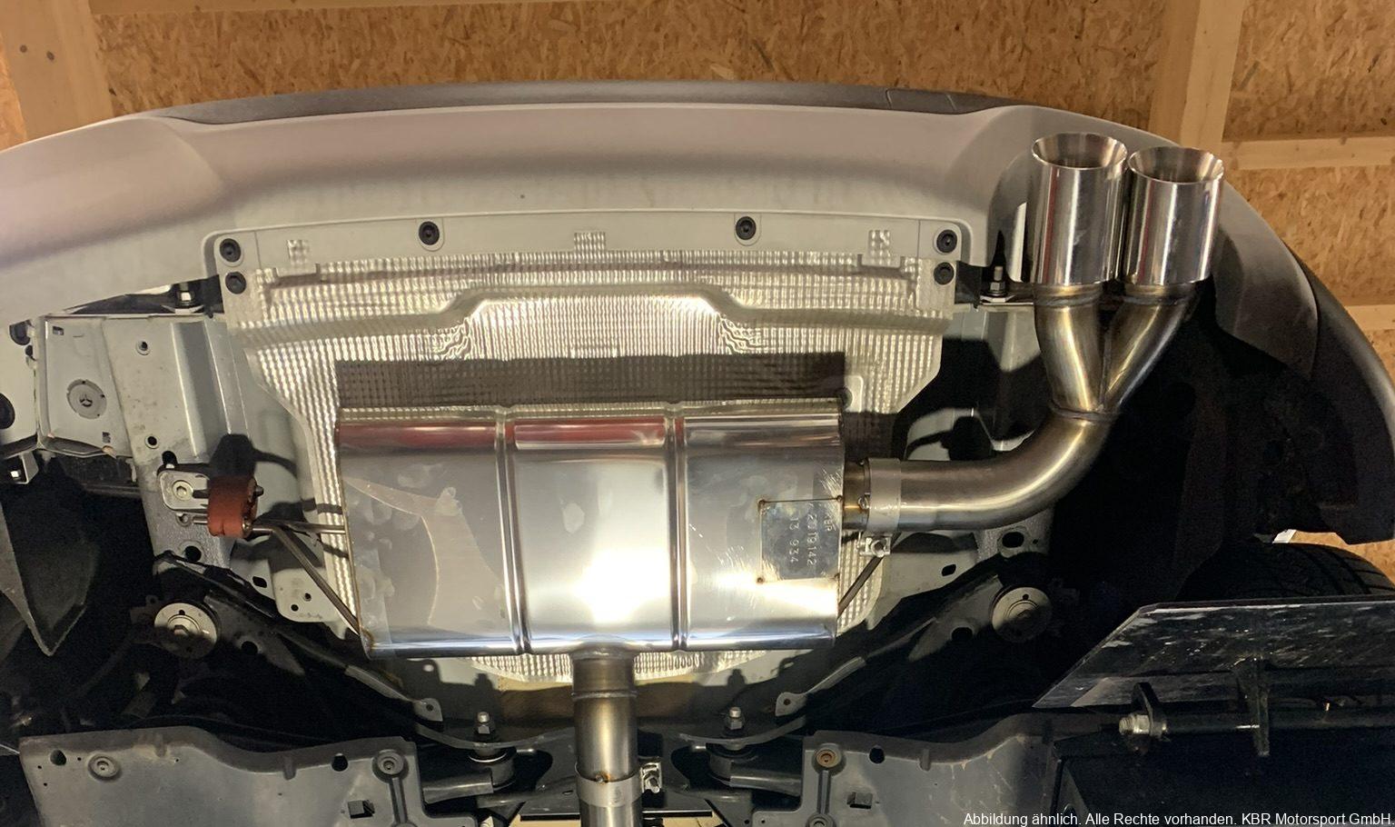 Handgefertigter Edelstahl Auspuff-Endschalldämpfer quer mit zwei Endrohren Rechts